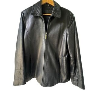 Vintage 90s Black Leather Moto Zip Jacket Minimalist Womens XL